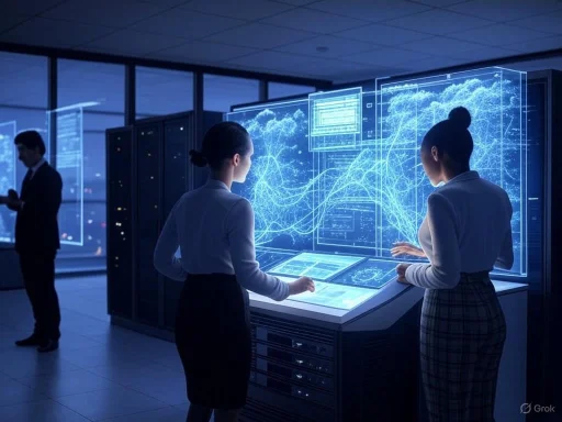 Two women analyze data on futuristic holographic screens in a high-tech control room.