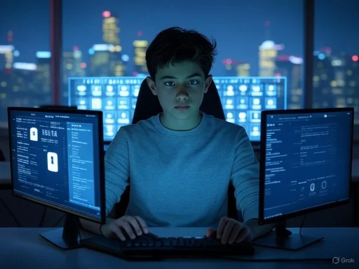 A young boy in a dimly lit room, surrounded by multiple monitors, appears to be hacking or working on cybersecurity at night.