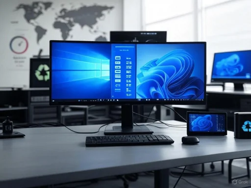 A modern workspace with multiple computer monitors displaying Windows 11, set in a tech-focused office environment.