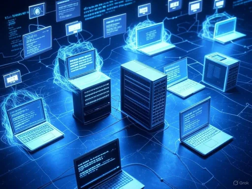 Digital network of interconnected computers and servers with blue electrical pulses and code streams.