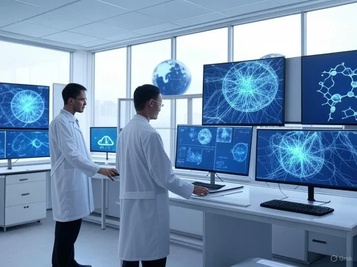 Scientists analyze neural network models in a high-tech laboratory with multiple monitors displaying brain and molecular graphics.