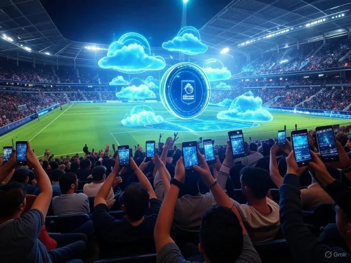 Crowd at a stadium watching a virtual reality or augmented reality sports event on their phones. Crowd at a stadium watching a virtual reality or augmented reality sports event on their phones.