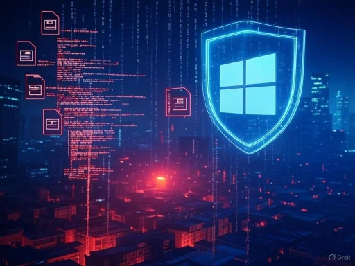 Digital cityscape with security shield and Windows logo representing cybersecurity in urban technology.