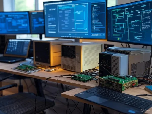 Multiple monitors display technical diagrams and code, with vintage computer hardware and circuit boards on a cluttered desk.