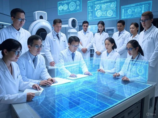 Scientists in a futuristic lab analyze holographic digital data and medical imaging displays.