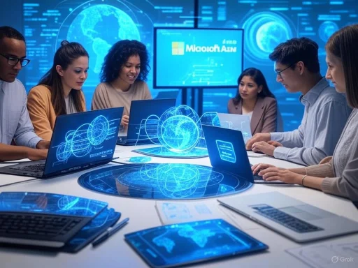 A diverse group of professionals collaborates in a high-tech, futuristic meeting with holographic digital displays.