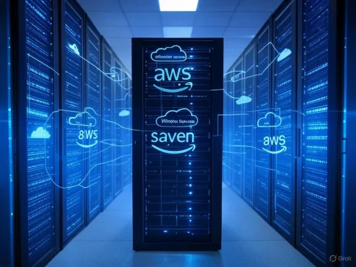 Data center with servers connected via cloud storage and AWS cloud computing, highlighted by neon graphics.