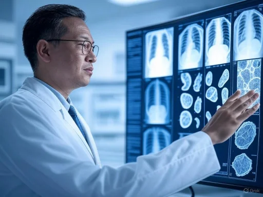 A doctor reviewing brain scan images on a digital monitor in a medical setting.