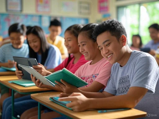 Students are happily engaged and using tablets and notebooks during class in a bright classroom.