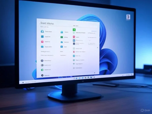 A computer monitor displays a start menu on a desktop with a dark background.