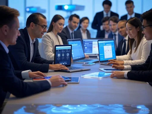 Business professionals in a meeting discussing data displayed on laptops and tablets in a modern office.