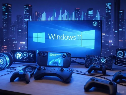 A gaming setup with multiple controllers and devices, centered around a monitor displaying Windows 11, in a city-lit background.