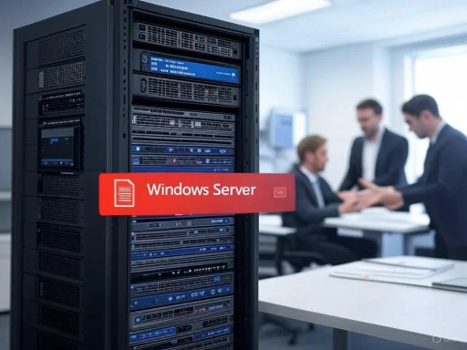 A server rack labeled 'Windows Server' with professionals discussing in the background.