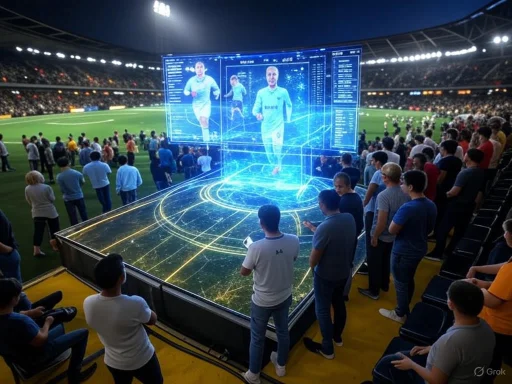 A futuristic digital display predicts and visualizes player analytics during a live soccer match.