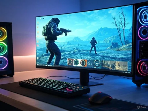 A gaming setup with a large monitor displaying a war-themed game, surrounded by colorful RGB-lit speakers and peripherals.