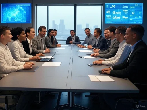 A diverse group of professionals engaged in a business meeting around a large conference table.