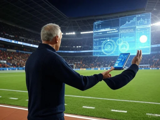 A man in a stadium uses a tablet and virtual screen with data analytics during a sporting event. A man in a stadium uses a tablet and virtual screen with data analytics during a sporting event.