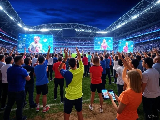 Crowd cheering at a stadium during a live sports event, with large screens displaying players and game visuals.
