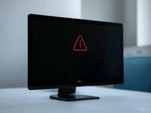 The monitor displays a red warning icon with an exclamation mark inside a triangle on a dark screen.