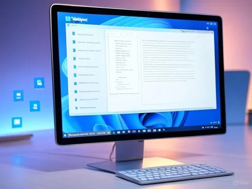A sleek all-in-one desktop computer displaying a document and file system on a modern desk setup.