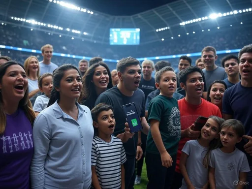 Group of excited people, including children and adults, watching an event inside a sports stadium. Group of excited people, including children and adults, watching an event inside a sports stadium.