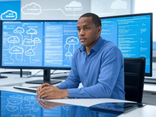 A man in a blue shirt sitting at a desk with multiple monitors displaying cloud computing and coding diagrams.