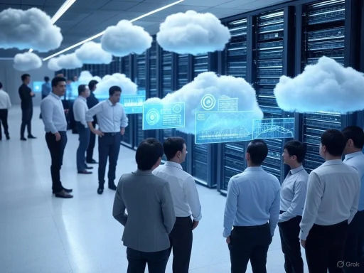 People in a data center observe cloud computing and digital analytics on holographic screens.
