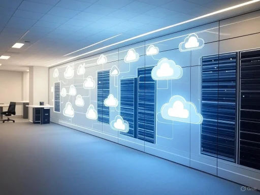 A modern data center with cloud storage icons displayed on a large digital wall.