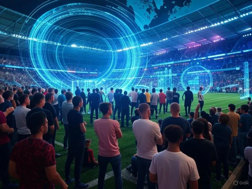 Crowd watching a futuristic digital display at a stadium or stadium-like event.