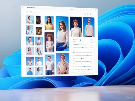 A photo editing software displaying a collection of diverse portrait photos and adjustment sliders on a computer screen. A photo editing software displaying a collection of diverse portrait photos and adjustment sliders on a computer screen.
