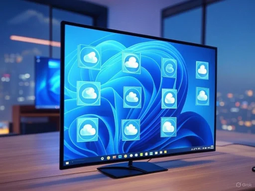 A computer monitor displays icons of cloud storage services against a blue abstract background.