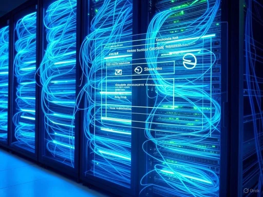 A row of server racks illuminated by blue streaks of light, with a holographic interface overlay displaying technical info.
