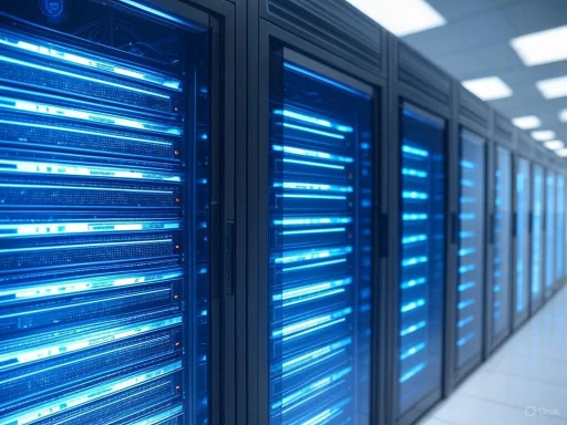 Row of blue-lit server racks in a data center.