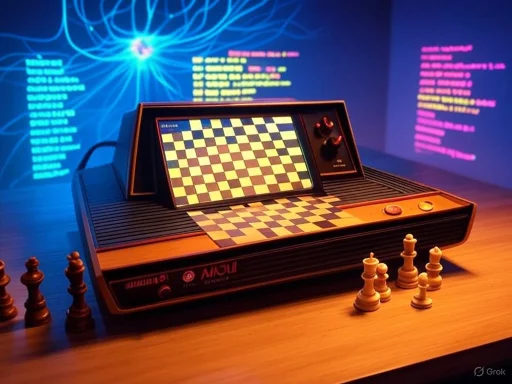 A digital chessboard with digital displays and physical pieces, set against a background of colorful code and neural network imagery.