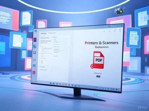 A computer monitor displays a PDF document titled 'Printers & Scanners' with a digital background of floating colorful documents and a flying bug.