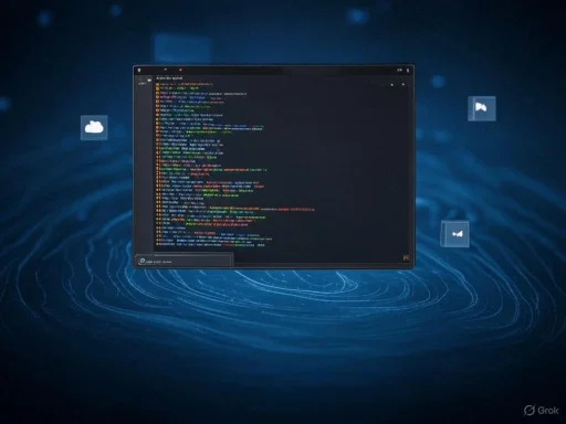 A computer screen with code in a dark IDE, floating against a digital, blue data network background.