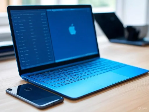 A blue Apple MacBook and iPhone placed on a wooden desk, with the MacBook screen showing the startup logo.