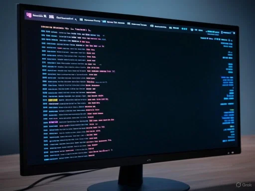 A computer monitor displaying lines of colorful code or script on a dark background.