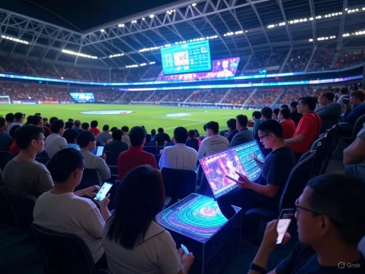 Spectators use smartphones and tablets while watching a soccer match in a stadium with bright lights and a large digital scoreboard.