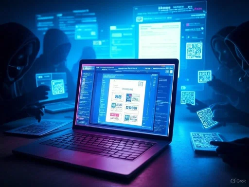 A hacker group in hoodies working on a laptop surrounded by QR codes and digital screens in a dark, high-tech room.