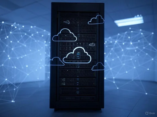 A server rack with illuminated cloud icons and aircraft, symbolizing cloud computing and data connectivity.