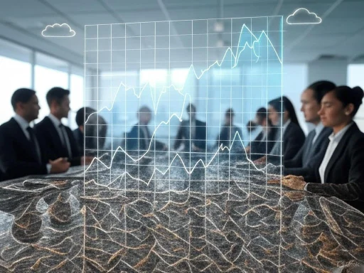 Business meeting with overlaid digital stock market graph and cloud icons.