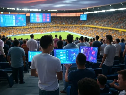 Crowd watching a sports match in a stadium with electronic scoreboards and officials monitoring game data.