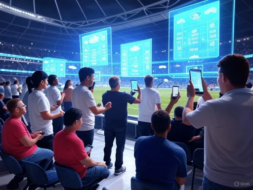 Spectators at a stadium using smartphones to watch or record a virtual sports event displayed on large digital screens.