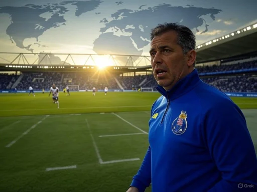 A football coach looks thoughtfully onto the field during a match at sunset with a world map projection in the sky.