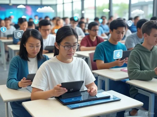 Students using tablets during a classroom activity or exam in a modern school setting. Students using tablets during a classroom activity or exam in a modern school setting.