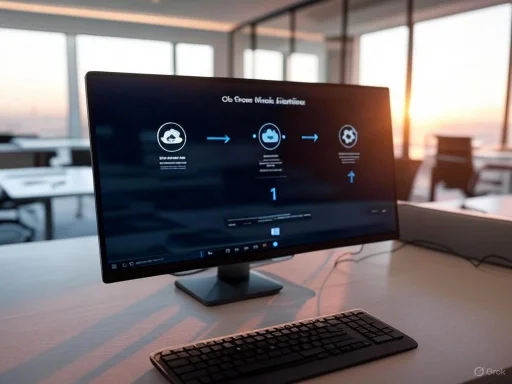 A computer monitor displaying a user interface in an office setting during sunset.