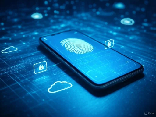Smartphone with a fingerprint scanner displayed, surrounded by security icons and cloud symbols in a digital network.