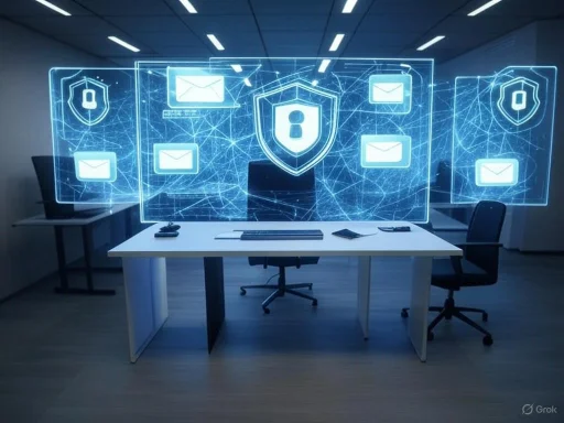 Digital security concepts displayed with holographic icons in a modern office environment.