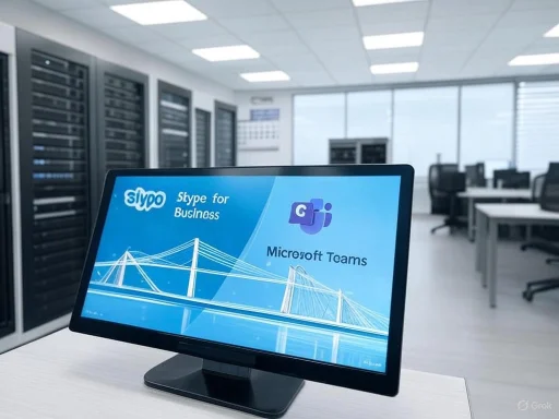 A computer monitor displays Microsoft Teams and Skype logos in a modern server room or office environment.